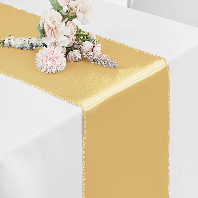 5-Pack Satin Table Runner Light Gold 12 x 108 Inch Long Silk Satin Table Runners for Wedding,Graduations,Engagements,Birthday Party and Banquet Decoration（5 Pack, 12x108 Inch, Light Gold）