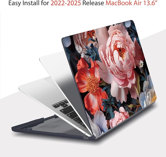 Teryeefi Compatible with A2681 A3113 A3240 MacBook Air 13.6 inch Case M2 M3 M4 Release 2022 2023 2024 2025,Design Slim Cover+Keyboard Cover+OTG Adapter for 13.6 inch MacBook Air, Colorful Peonies