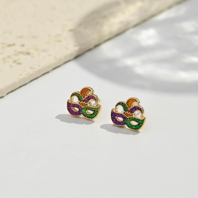 MardiGras Stud Earrings for Women Glitter Delicate Compact Flower Mask Hat Lips Stud Earring Charm Green Purple Gold Carnival Earring Cute MardiGras Jewelry Accessories for Women