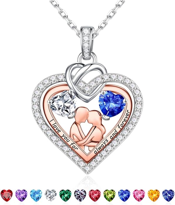 Iefil Valentines Day Gifts for Her - 925 Sterling Silver Double Heart Birthstone Necklace for Women, Anniversary Birthday Gifts for Wife I Love You Gift Couple Sitting Hugging Each Other Jewelry Gift