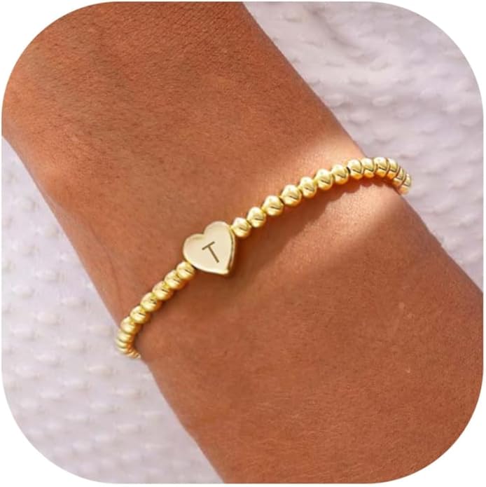 Valentines Day Gifts for Women Her - Dainty Beaded Heart Initial Bracelets Letter A-Z Charm Stretch Bead Ball Bracelet Trendy Jewelry Gifts