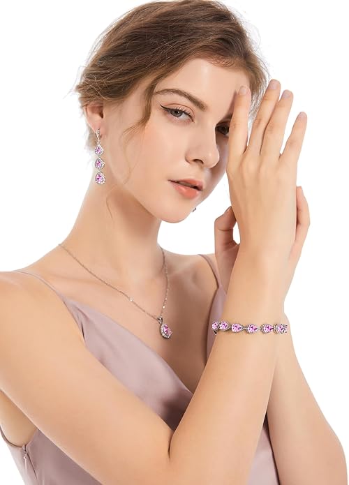 LMXXVJ Necklace Long Earrings Bracelet Set, White Gold Plated Created Blue Sapphire Jewelry Set Wedding Party Gift Jewelry for Women Bridal Bridesmaid