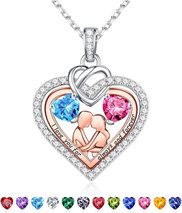 Iefil Valentines Day Gifts for Her - 925 Sterling Silver Double Heart Birthstone Necklace for Women, Anniversary Birthday Gifts for Wife I Love You Gift Couple Sitting Hugging Each Other Jewelry Gift