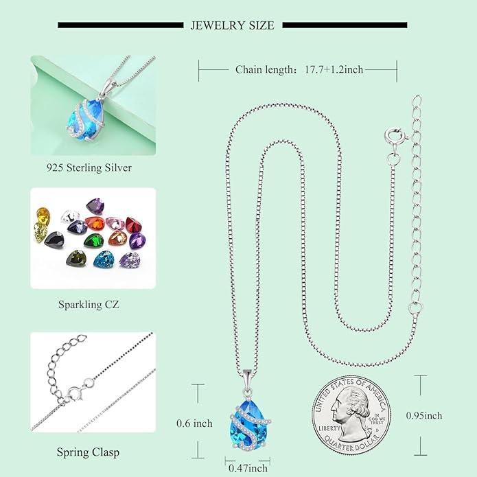 STARCHENIE 925 Sterling Silver Aquamarine Necklace Earrings for Women Pear Cut Birthstone Pendant Jewelry Set March Gift