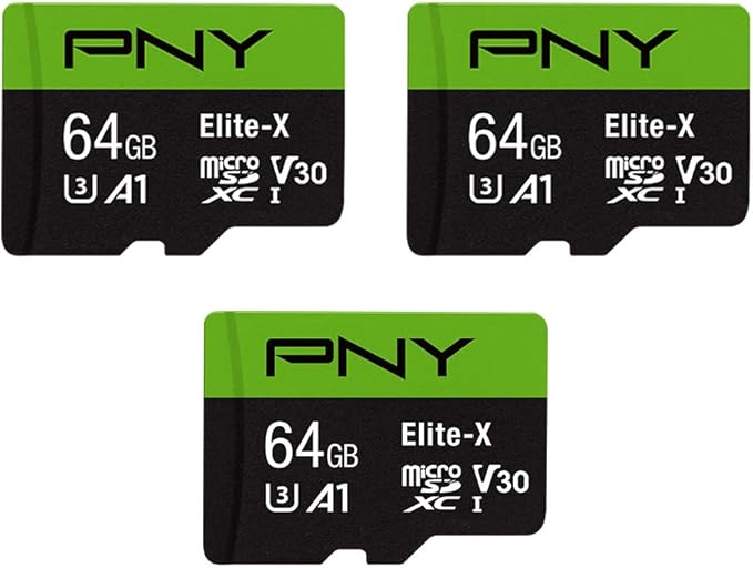 PNY 64GB Elite-X Class 10 U3 V30 microSDXC Flash Memory Card, 3 Count (Pack of 1) - 100MB/s, Class 10, U3, V30, A1, 4K UHD, Full HD, UHS-I, Micro SD