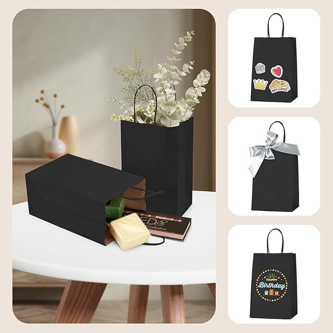 MESHA Gift Paper Bags 400 PACK 5.25x3.75x8 Inch Black Small Shopping Kraft Bags Bulk with Handles Reusable for Business,Grocery,Birthday,Wedding,Kids Party,Favors