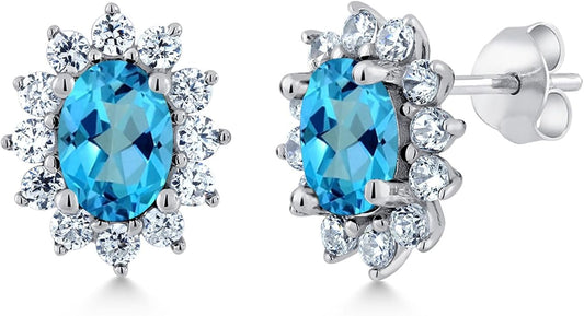Gem Stone King 7X5MM Oval Gemstone Birthstone Stud Earrings For Women | Princess Diana Royal Halo Style | 925 Sterling Silver | Fine Jewelry Gifts for Anniversary Wedding Her Mom Women Wife
