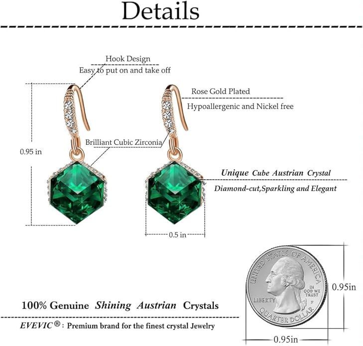 Austrian Crystal Cube Drop Dangle Earrings for Women 14K Gold Plated Hypoallergenic Jewelry
