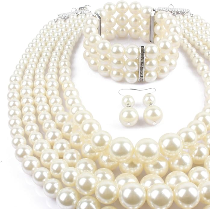 Exaggerated Imitation pearl multi-layer Necklace+bracelet+earring Large pearl necklace Wedding jewelry set for Women's and girls gifts（Multicolor optional）