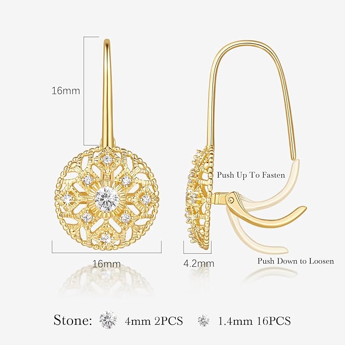 Eloqueen 14K Gold Drop Earrings Dangle Earrings for Women Leverback Dangle with Cubic Zirconia with Engraved Details 14K Gold Earring for Women 14/16mm