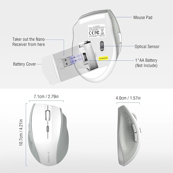 E-YOOSO Wireless Mouse for Laptop, Portable Optical Computer Mouse, 6 Buttons, Cordless 2.4GHz with USB Receiver, 5-Level 4800 DPI, 18 Months Battery Life, for PC, Chromebook, Windows, Mac(White Gray)