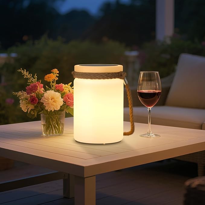 uuffoo Solar Table Lamp Lantern LED Outdoor Cordless IP44 RGB and Warm White Dimmable for Patio Camping Restaurant Terrace (White 2 Pack)