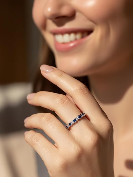D Color VVS1 Clarity Moissanite Hand Setting Eternity Rings for Women, Solid 925 Sterling Silver Rhodium Finish, Stackable Ring, Wedding Birthday Valentines Anniversary Mothers Day Ideal Gift for Her