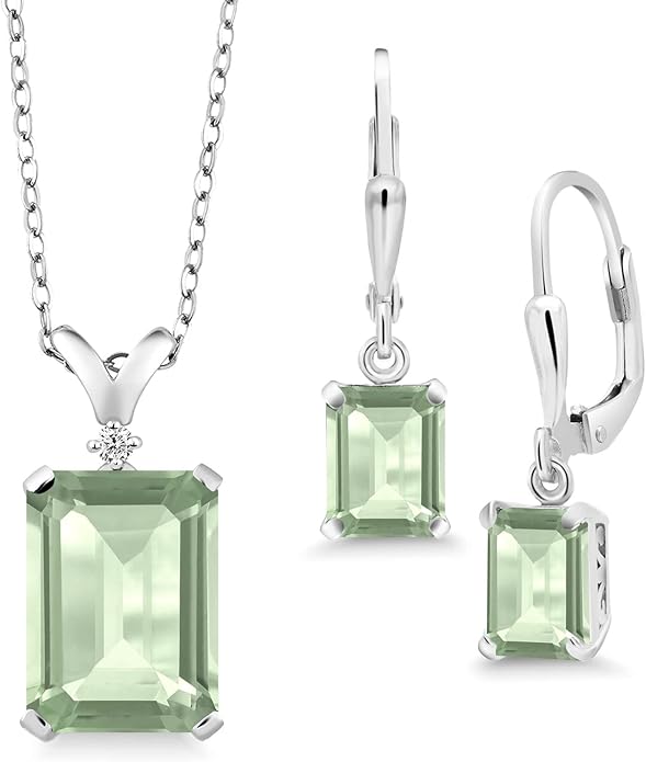Gem Stone King 9-13 Cttw Pendant and Earrings Jewelry Set For Women | Emerald Cut 14X10MM and 8X6MM | Round 1.5MM | Gemstone Birthstone and Diamond | 925 Sterling Silver | 18 Inch Silver Chain