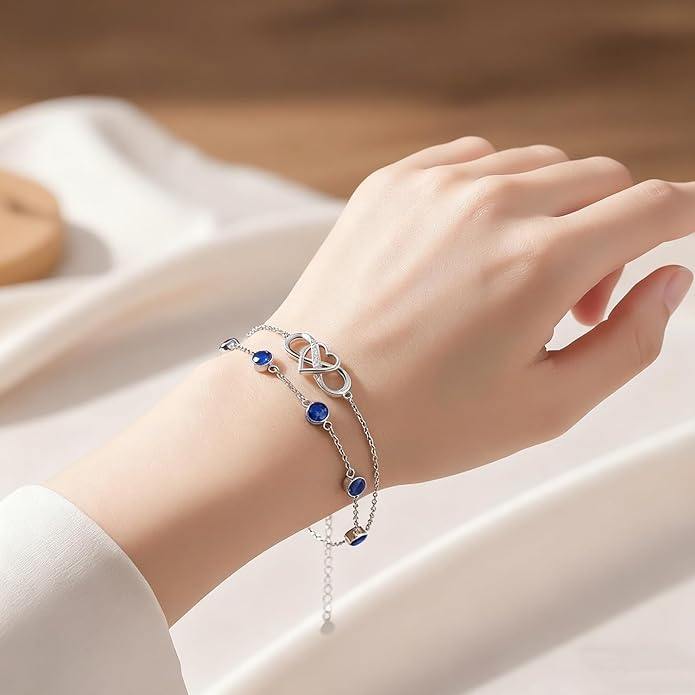 Prismata Infinity Birthstone Charm Link Bracelet 925 Sterling Silver Adjustable 12 Months Birthstone Infinity Bracelet Birthday Jewelry Gifts for Women Mom Her,with 7"+2" chain