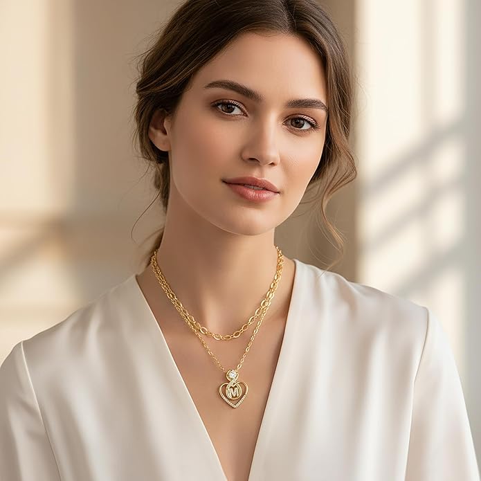 Heart Letter Necklaces for Women 14K Gold Plated Cubic Zirconia Heart Initial Layered Necklace Infinity Pendant Necklace Letter Initial Jewelry for Women