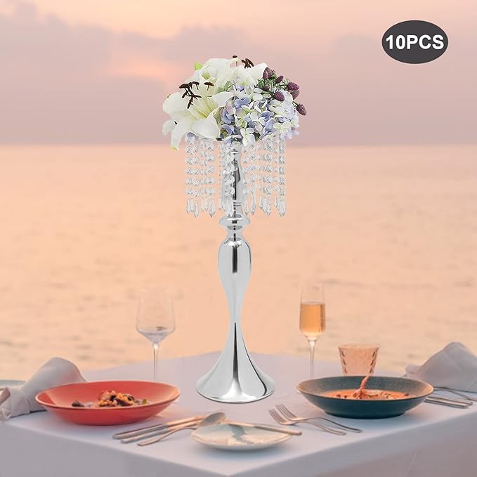 Wedding Centerpieces Gold Vases,10PCS Metal Flower Candle Holder with Sparkling Crystal Beads,Crystal Flower Vase Metal Flowers Stand for Party Tables Decorations (10PCS-Sliver-17cm)