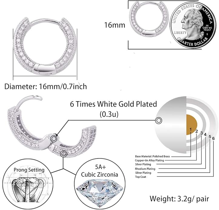 TOPGRILLZ Iced Out Hoop Earrings Cubic Zirconia Huggie Cartilage Cuff Hypoallergenic 14K Gold Plated Luxury Fashion Round Circle Earrings For Men Women