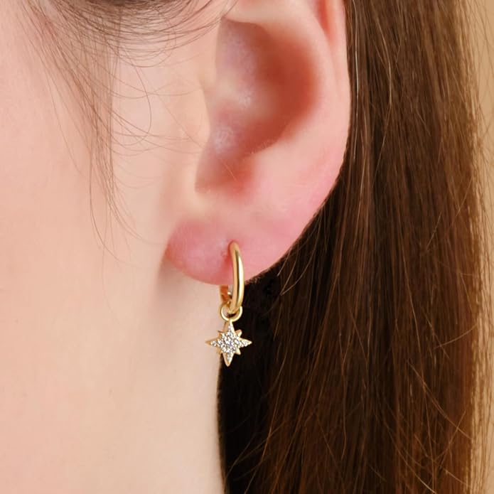 14K Yellow Gold Vermeil Earrings for Women, Hypoallergenic 925 Sterling Silver Minimalist Dainty Jewelry, CZ Accent Stud Hoop & Dangle Earrings, Gift for Her