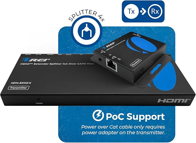 OREI 1x4 HDMI Extender Splitter Multiple Over Single Cable CAT6/7 1080P with IR Remote EDID Management - Up to 165 Ft - Loop Out - Low Latency - Full Support