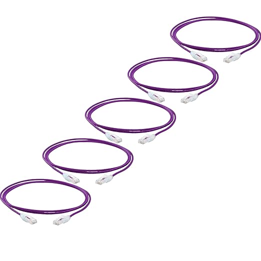 TRUECABLE Cat6 Component Rated Patch Cable, Unshielded (U/UTP), 7ft, Purple, 28AWG Solid Copper, Snagless 10G High-Speed Ethernet Cable, PoE++ 4PPoE 100W, UL Listed, RoHS-3, 5 Pack