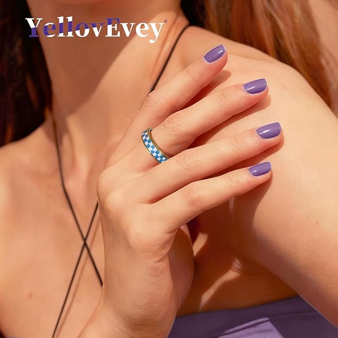 Checkered Fidget Ring For Women - Blue Chessboard Design Band Rings Anxiety & Stress Relief Stacking Spinner Rings, Stainless Steel Spinning Ring Anti-Anxiety Jewelry Gift for Adults