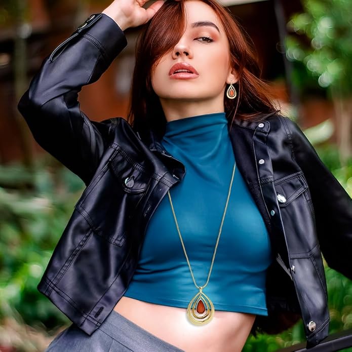 Madison Tyler Gold Plated Jewelry Set for Women | Silver Teardrop Pendant Necklace Trendy | Long Necklace with Snake Chain | Fashion Dangle Earring Set