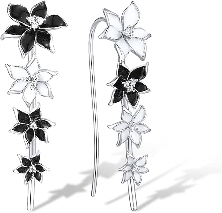 Santuzza 925 Sterling Silver Enamel Flower Ear Cuffs Climber Earrings for Women
