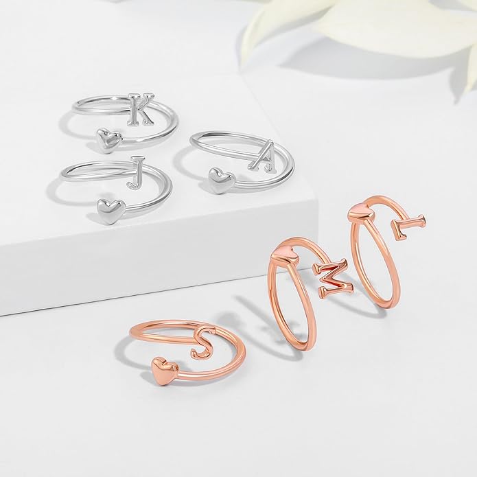 Initial Rings for Women Girls - Valentines Day Gifts for Her, Adjustable Rings for Women Non Tarnish Letter A-Z Dainty Heart Ring Teen Girls Gifts Trendy Stuff Personalized Jewelry Gift