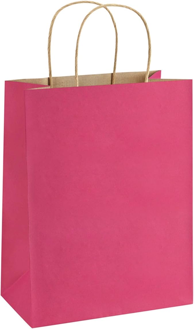 BagDream 25Pcs Hot Pink Gift Bags 8x4.25x10.5 Kraft Paper Gift Bags with Handles for Shopping, Small Business, Retail Merchandise Grocery, Birthday Party Favor, Medium Pink Paper Sacks