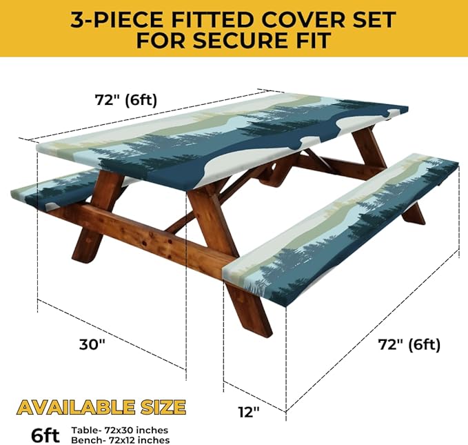 RNOONY 6ft Polyester Picnic Table Cover with Bench Covers Windproof & Waterproof Tablecloth, Perfect for Camping Gifts & RV Essentials, Cool Camping Gadgets, with Carrying Bag, 72x30 Inches, 4Pcs,Blue