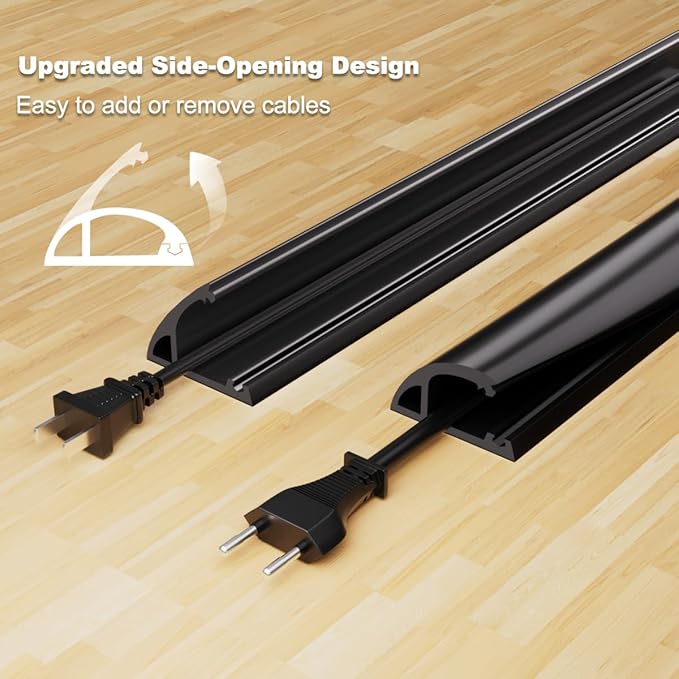 4FT Side-Open Extension Cord Covers for Wires on Floor,Silicone Power Cable Protector Cord Hider Management Strip,Hide Electric Wire on Carpet,Chord Runner Protective Safety Wiremold,Black