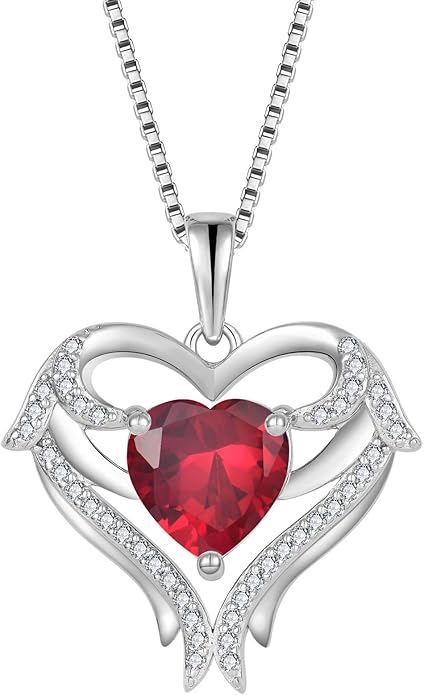 FJ Heart Angel Wings Pendant Necklace 925 Sterling Silver Birthstone Jewelry Gifts for Women