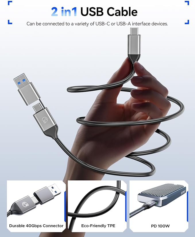 ORICO USB4 40Gbps M.2 SSD Enclosure, Supports Up to 8TB M.2 NVMe SSDs, Finned Aluminum Alloy Case, USB-C to USB-A&C 2-in-1 Cable, Plug and Play, Compatible with Thunderbolt 3/4, USB 3.2/3.1/3.0- M2V01