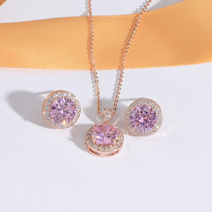 Bridal Crystal Jewelry Set - Sterling Silver Round Cubic Zirconia CZ Rhinestone Halo Birthstone Pendant Necklace Stud Earrings Set for Wedding Bride Bridesmaids Birthday Gift