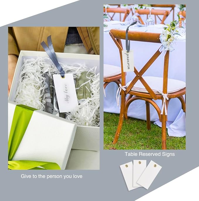25 Pcs Name Place Cards Blank Seat Card, 2 x 4 in Table Cards with Stain Ribbon, Wedding Place Card, Hanging Tags for Wedding table Setting Reserved Chairs Signs Dinner Banquet Parties.(Gray)