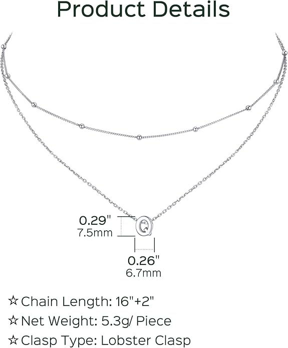 ChicSilver Layered Initial Necklace for Women, 925 Sterling Silver Personalized Letter A-Z Pendant Necklaces, Hypoallergenic Silver Choker with Adjustable 16" Rolo Chain, Dainty Birthday jewelry