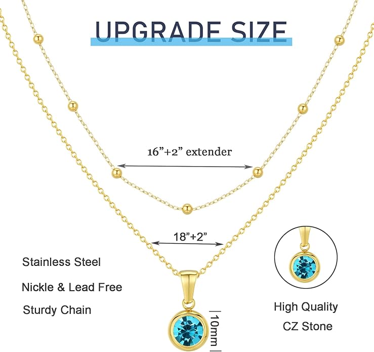 14K Gold-Plated Women's Double-Layer Birthstone Necklace Delicate Round Birthstone Pendant with a Simple Necklace, a Birthday Gift for Women Teenage Girls