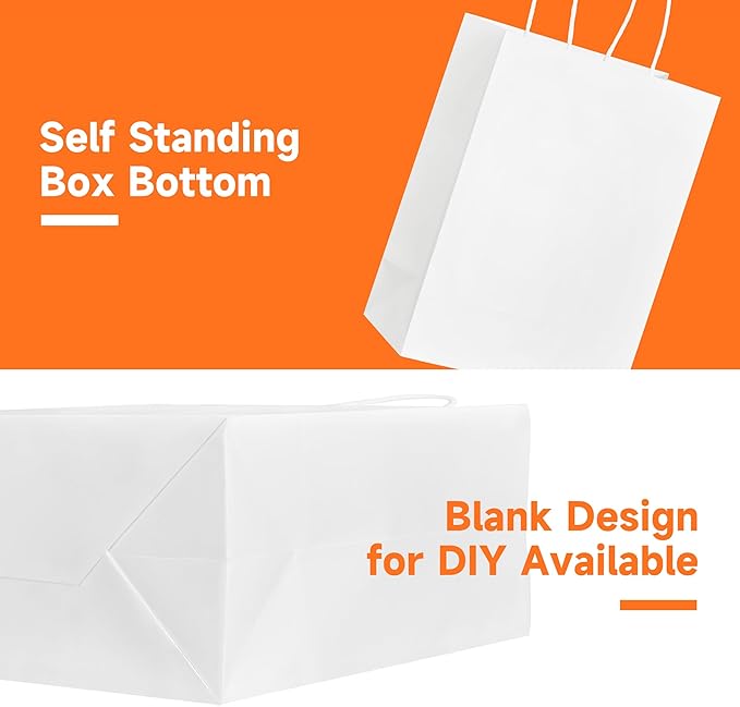 METAPRINT Kraft Paper Gift Bags with Handles in Bulk, 50pcs White Paper Bags 8x4.5x10.8 inch, Recyclable Shopping Bags for Retail, Grocery, Party Favors, Wedding