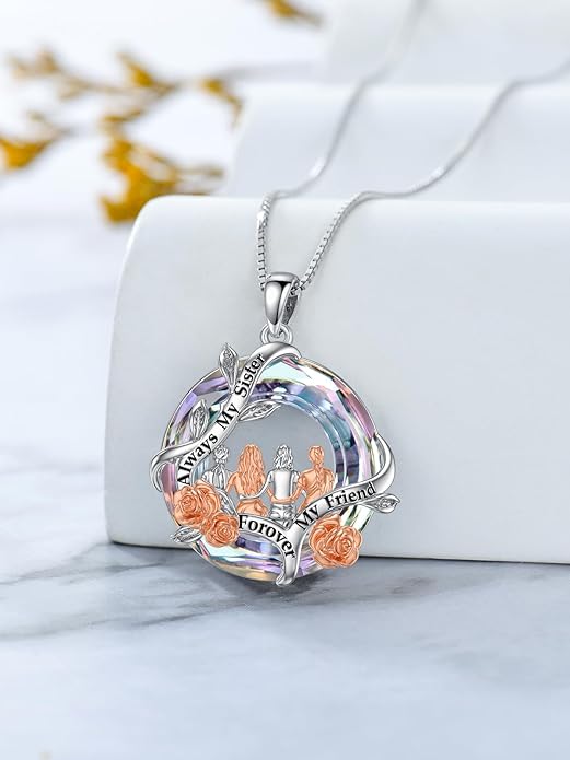 TOUPOP Sisters Gifts from Sister Necklace Sterling Silver Rose Flower with Crystal Jewelry Valentines Day Birthday Gifts for Women Best Friend Friendship