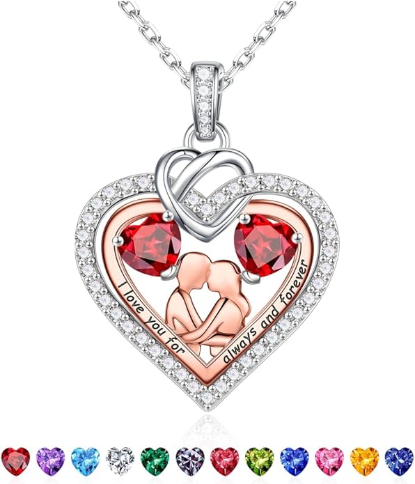 Iefil Valentines Day Gifts for Her - 925 Sterling Silver Double Heart Birthstone Necklace for Women, Anniversary Birthday Gifts for Wife I Love You Gift Couple Sitting Hugging Each Other Jewelry Gift