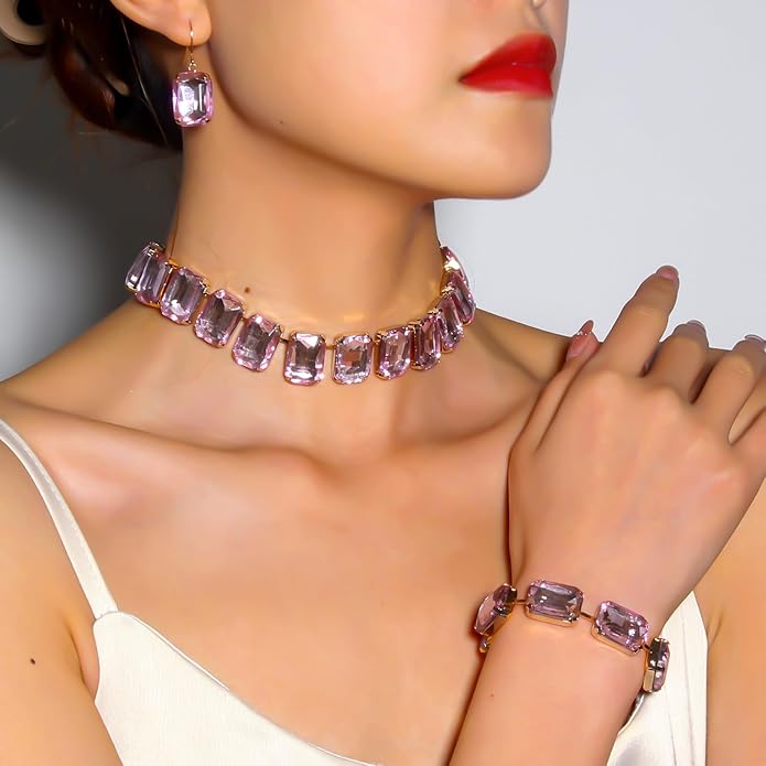 KOSMOS-LI Rectangle Faux Crystal Jewelry Sets Includ Necklace Bracelet Earrings For Women Stocking Stuffers