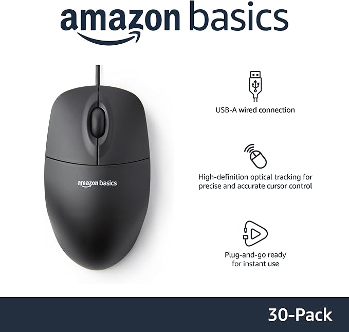 Amazon Basics 3-Button Wired USB Computer Mouse, Black - Pack of 30