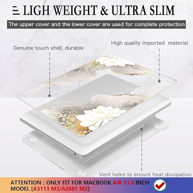 CISSOOK for MacBook Air 13.6 inch Case 2025 2024 2023 2022 Release Model M3 A3113 M2 A2681, Lotus Hard Shell Case Keyboard Cover for MacBook Air 13 M2 M3 M4 Chip, Charming Painting