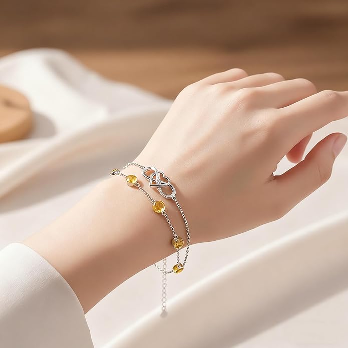 Prismata Infinity Birthstone Charm Link Bracelet 925 Sterling Silver Adjustable 12 Months Birthstone Infinity Bracelet Birthday Jewelry Gifts for Women Mom Her,with 7"+2" chain
