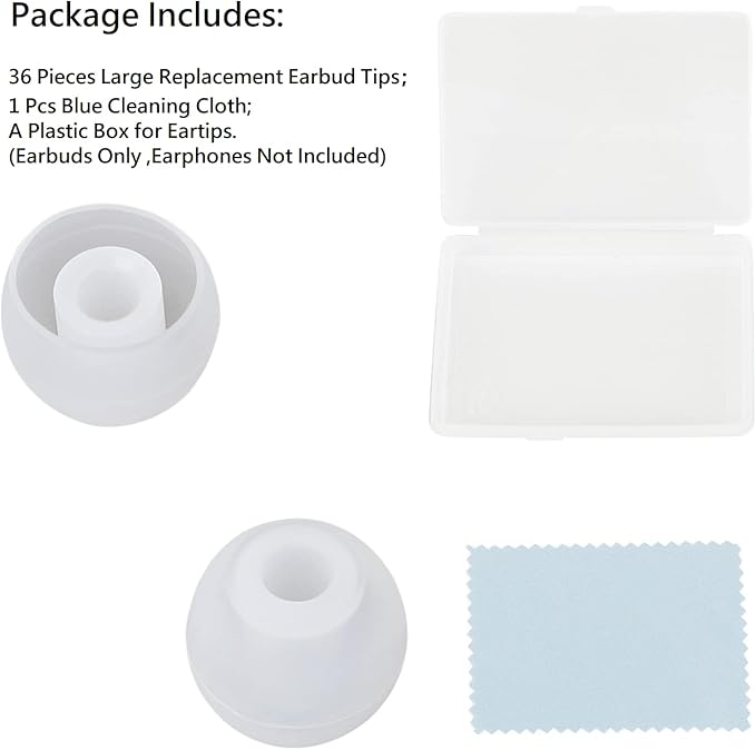 36 Pieces Large Earbud Tips Soft and Comfortable Ear Bud Replacement Pieces Silicone Fit Most in-Ear Headphones，Inner Hole 3.8mm -5.5mm，Large Clear White Replacement Earbuds Silicone Tips