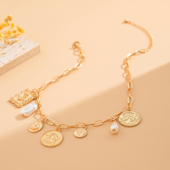 Gold Chic Charm Necklace for Women With White Pearl Square Pendant Adjustable Retro Boho Beach Style Trendy Summer Shell Pearl Coin Paperclip Chain Necklaces Jewelry for Women (style2)