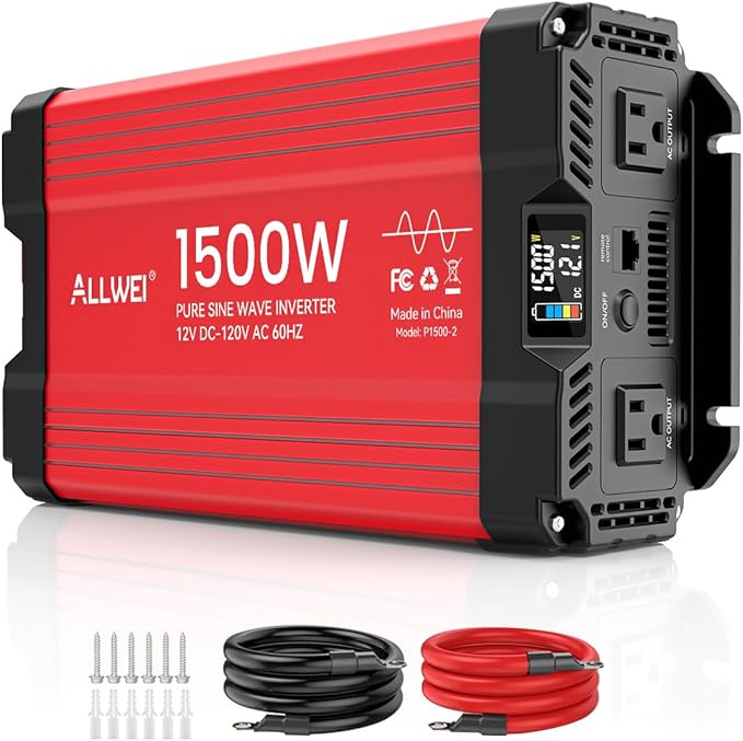 ALLWEI 1500W Pure Sine Wave Inverter 12V DC to 110V/120V AC Converter, Surge 3000W | Power Inverters Vehicles with 2 AC Outlets, RV Truck Boat Home Outdoor & Off-Grid Solar Inverter, Smart LCD Display