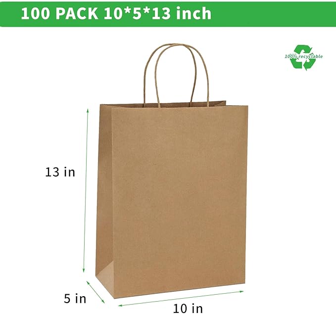 FACEBAG 100Pcs Brown Kraft Shopping Bags 10x5x13Inches Brown Paper Bags with Handles Bulk, for Merchandise,Party Favor, Retail,Gift Bag,Reusable & Durable