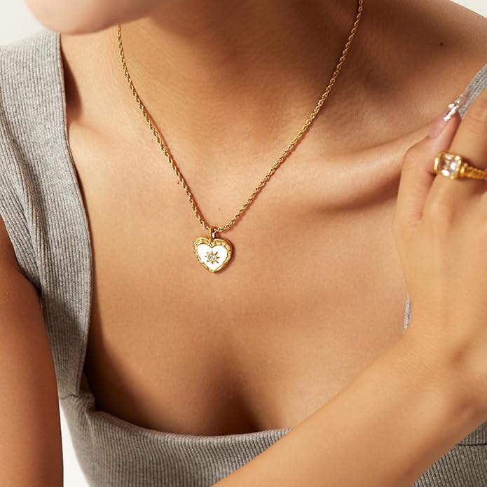 IBARA Women Gold Dianty Necklace Sun Crescent Moon Star Evil Eye Lock Lovely Heart Flower Butterfly Pearl Pendant Coin Necklaces 18K Gold CZ Diamond Filled Chain Boho Beach Simple Handmade Jewelry